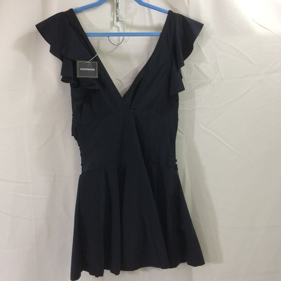 NEW AIDONGER Black Ruffle V-Neck One Piece Swim Dress Size L NWT Swimsuit - Picture 4 of 7